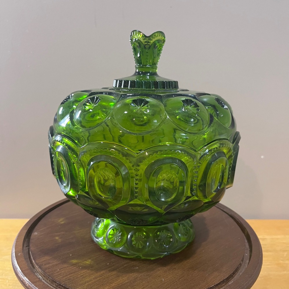 Vtg LE Smith Moon and Star Emerald Green Glass Candy Dish Lid MCM Compote 9" XL